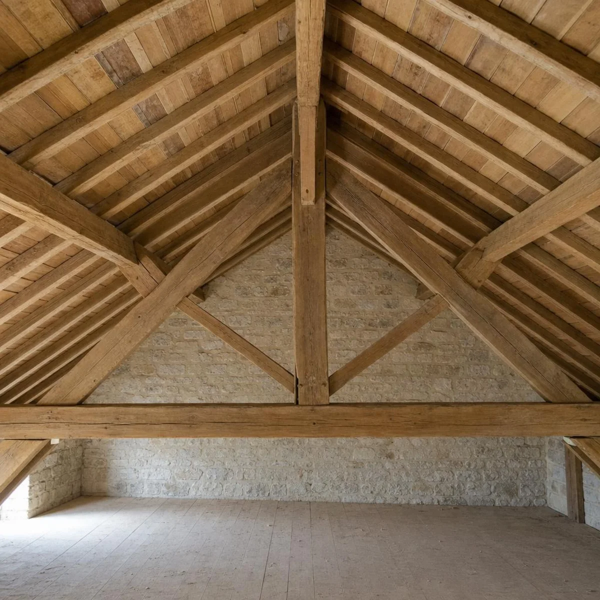 Vue intérieure d’une charpente traditionnelle en bois avec ferme triangulaire, poutre horizontale et poinçon central