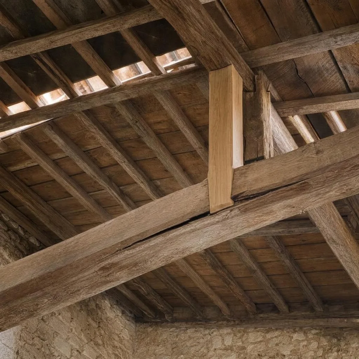 Illustration d’un assemblage de charpente en bois consolidé et réparé