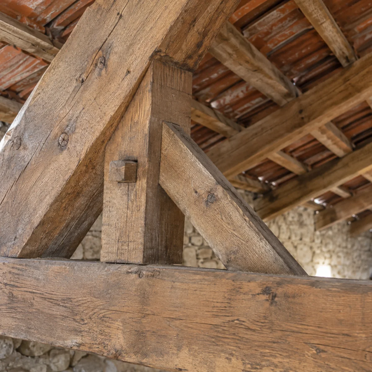 Assemblage à mortaise et tenon d'une charpente traditionnelle en bois